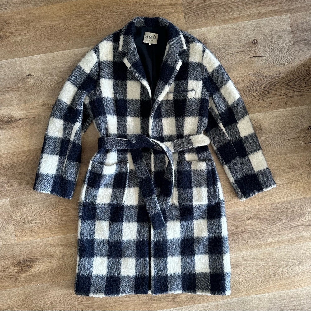 Sea New York belted navy white gingham wool blend coat size M